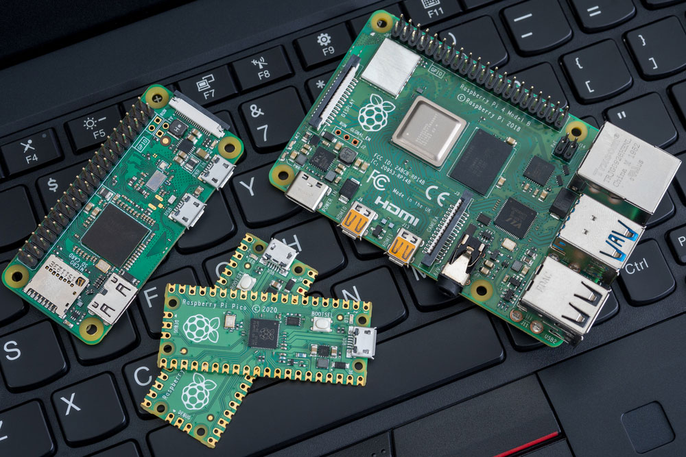 Close-up of Raspberry Pi Pico, Raspberry Pi 4b, and Raspberry Pi Zero W