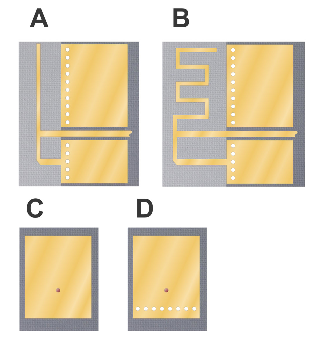 Different types of PCB antennas. Note the inverted F-type (IFA) and MIFA types in pictures A and B, respectively