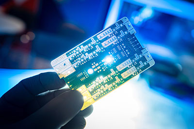 Small printed circuit boards close-up. Bright light shines through the circuit boards. Computer board in the hand of a man.