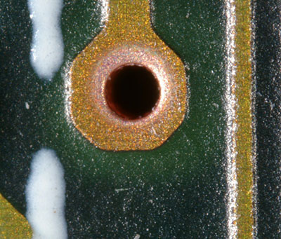 An up-close of a plated through hole