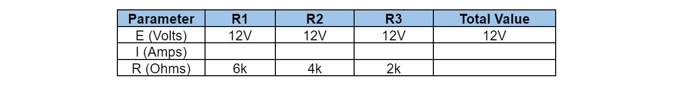  The following table represents the voltage values for the parallel circuit: