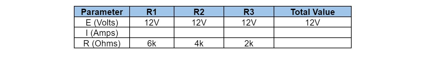 The following table represents the voltage values for the parallel circuit:
