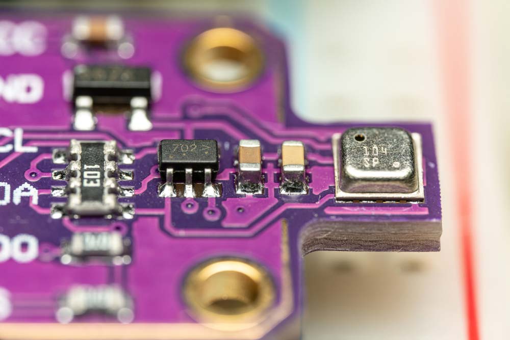 A purple printed circuit board for a MEMS environmental sensor
