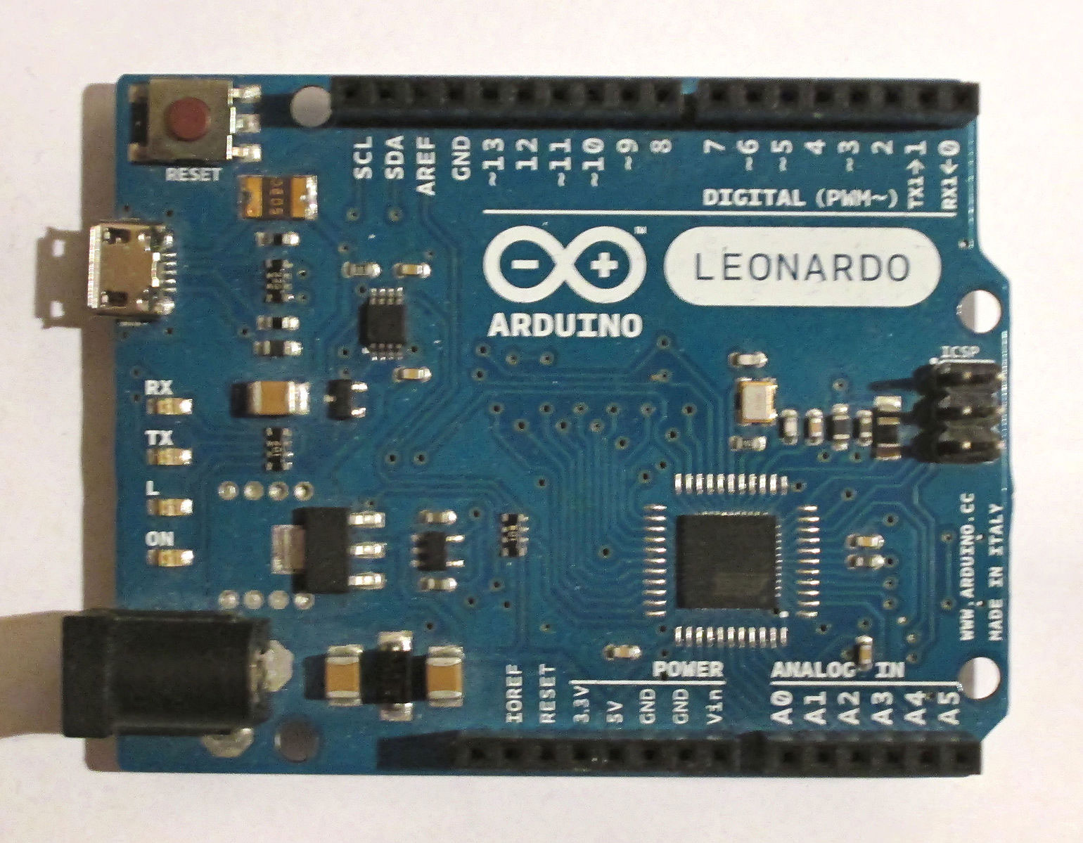 The Arduino Leonardo with the power jack and ICSP header attached. Note the pin numbers/labels