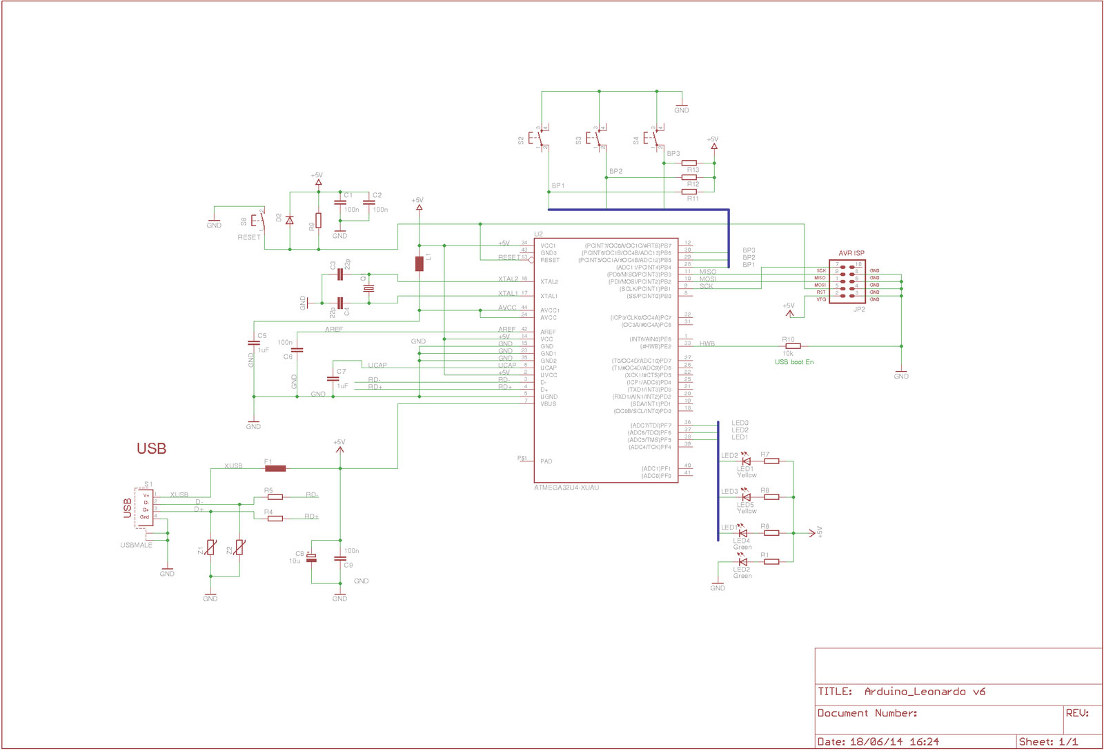 A modified Arduino Leonardo schematic for a USB keylogger