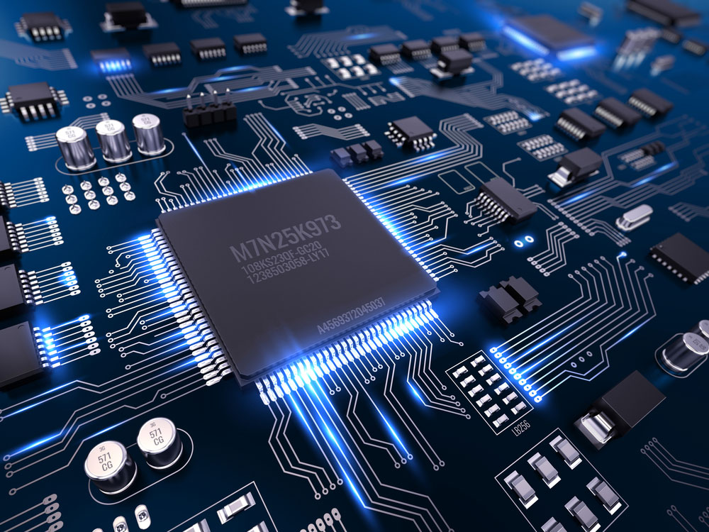 High-tech electronic PCB (Printed circuit board) with processor and microchips.