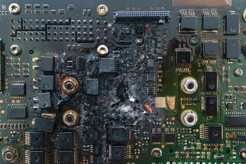 A severely damaged and unrepairable PCB due to short-circuiting