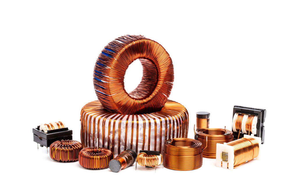 Set of electric copper coil inductor isolated on white background