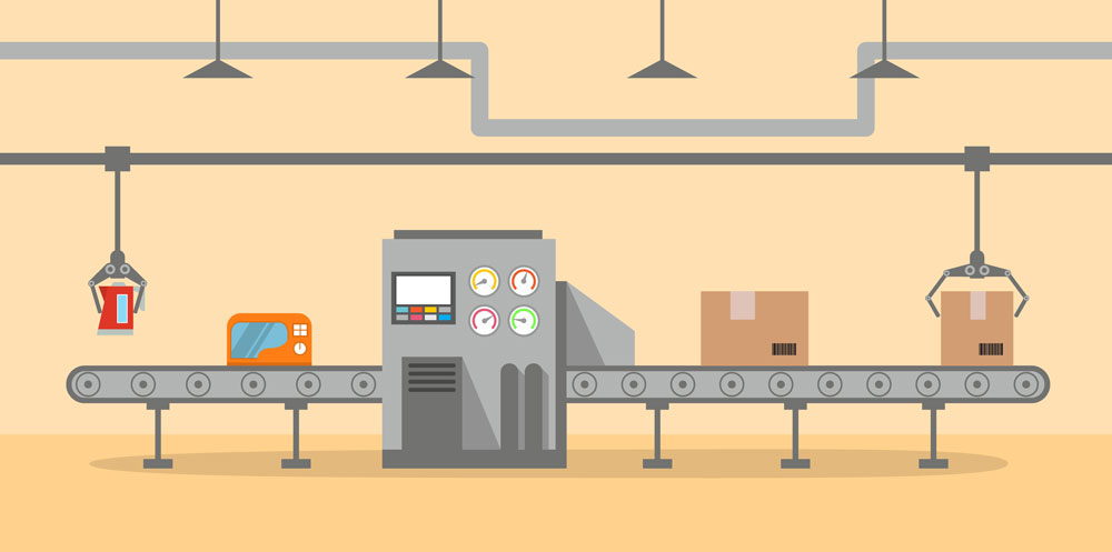 Conveyor belts feature a start-stop circuit for controlling processes.