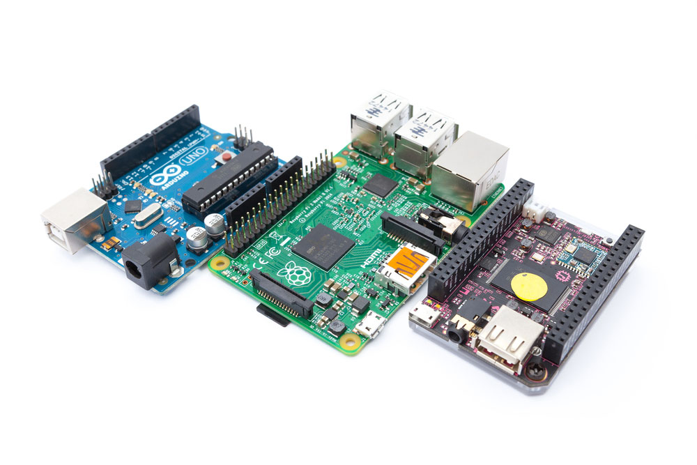 Three single-board computers (Arduino UNO, Raspberry Pi, and C.H.I.P)