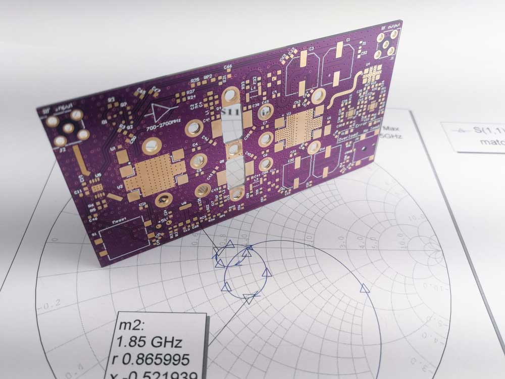 A high-power RF PCB on a Smith chart for tuning and impedance matching