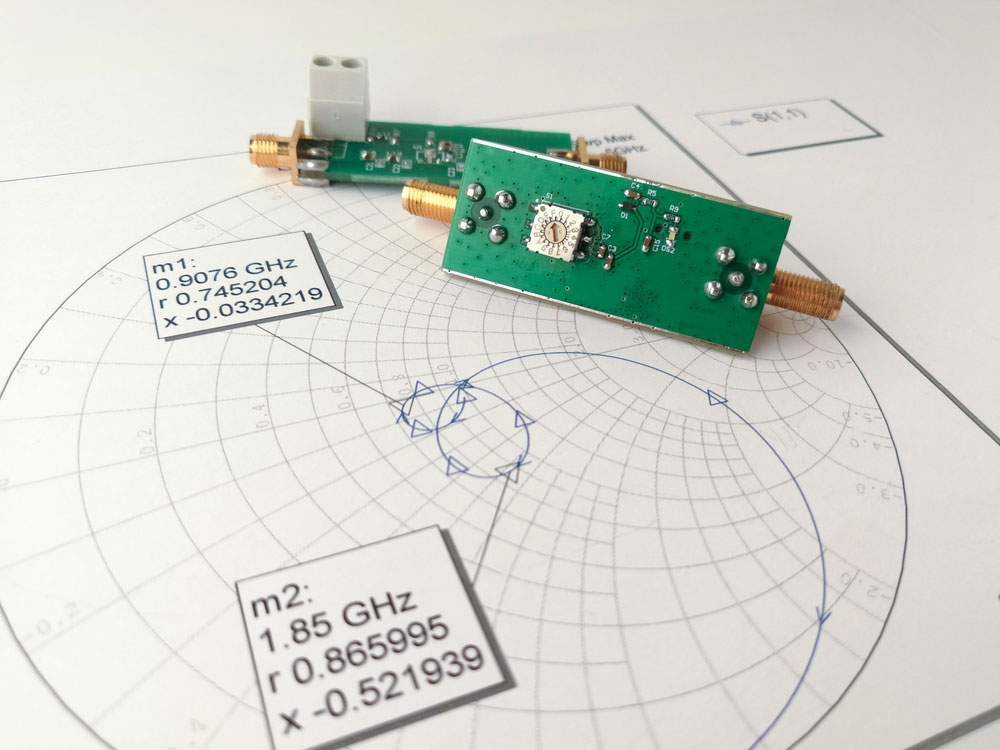 A radio frequency PCB on a Smith chart for impedance matching