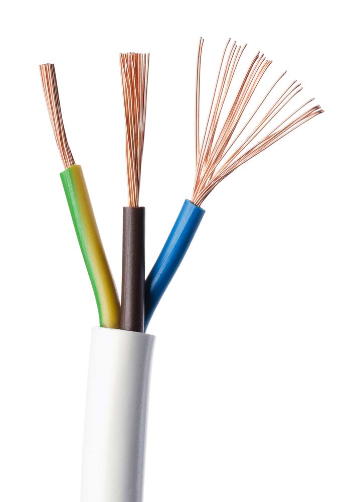 An IEC standard electrical power cable with three-stranded wires (live, earth, and neutral)