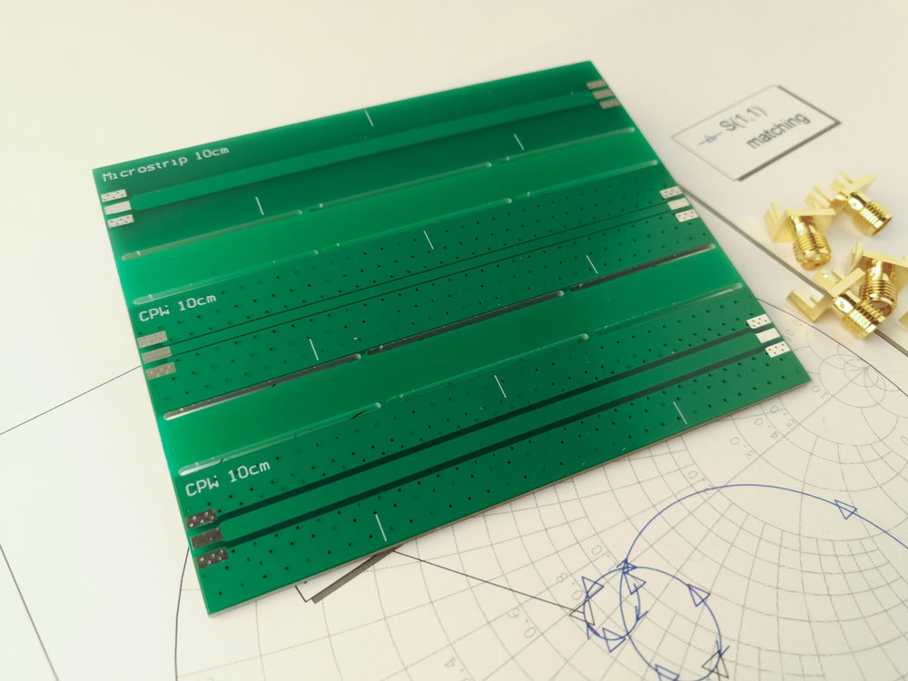 An RF signal transmission line on a PCB. Note the 10cm microstrip.