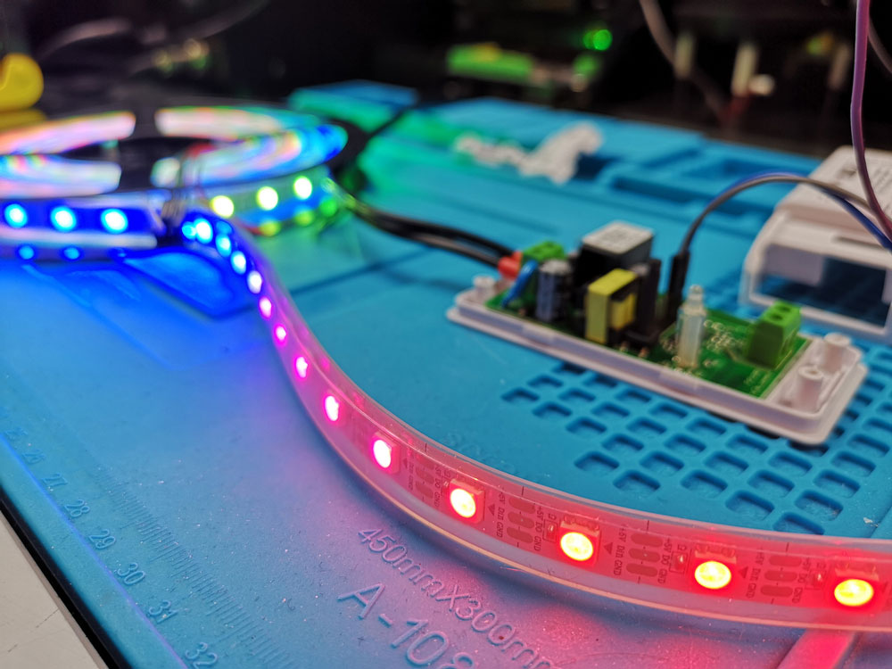 WS2812B LED strip connected to a microcontroller board