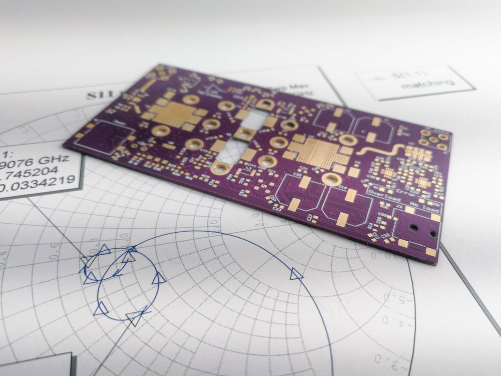 A high-power RF PCB on a Smith chart for impedance matching