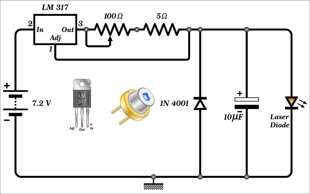 A current limiting resistor and a variable resistor in a laser diode circuit diagram