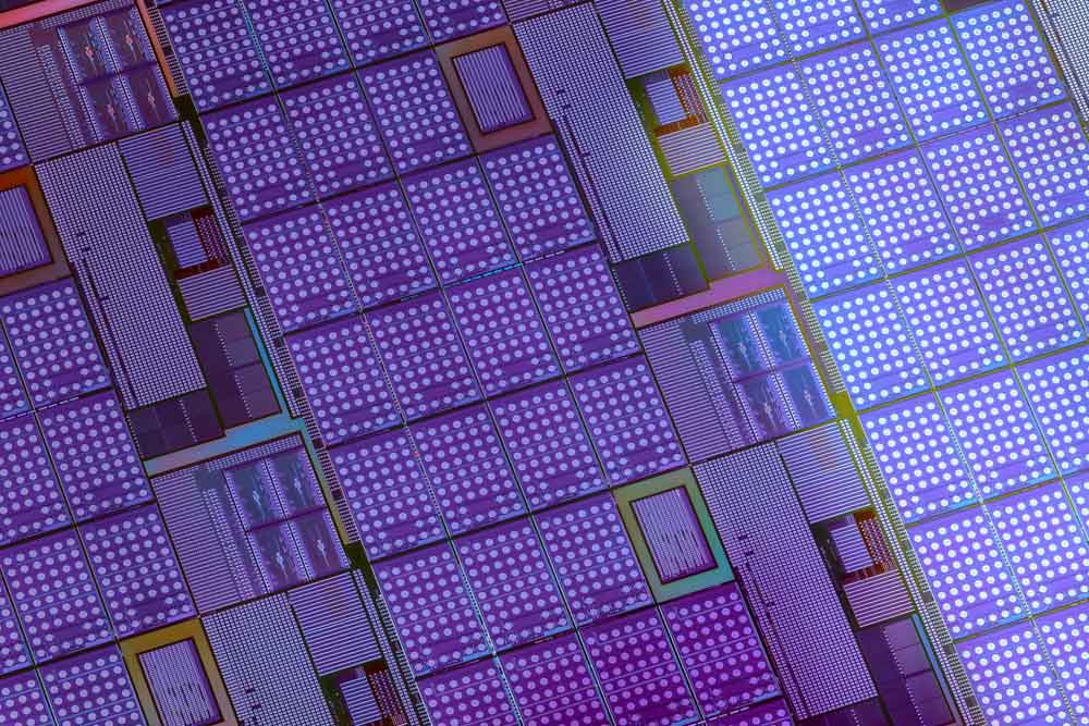 A monocrystalline silicon wafer with microchips after photolithography