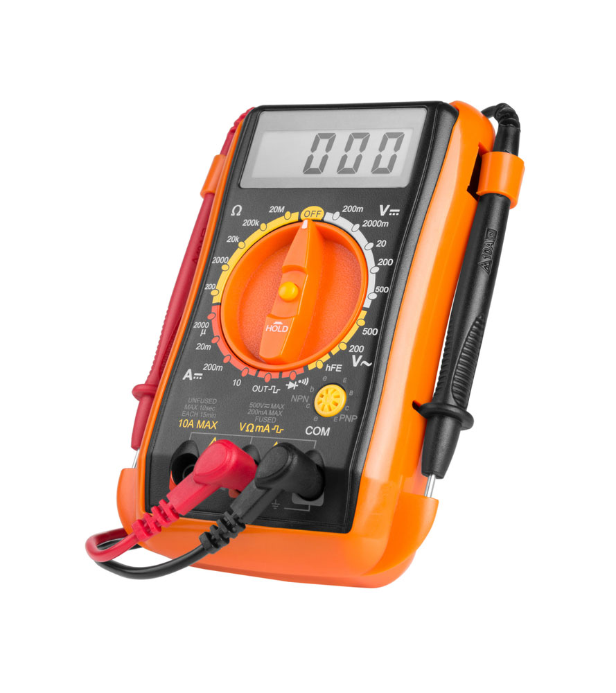 A digital multimeter with built-in probe holders