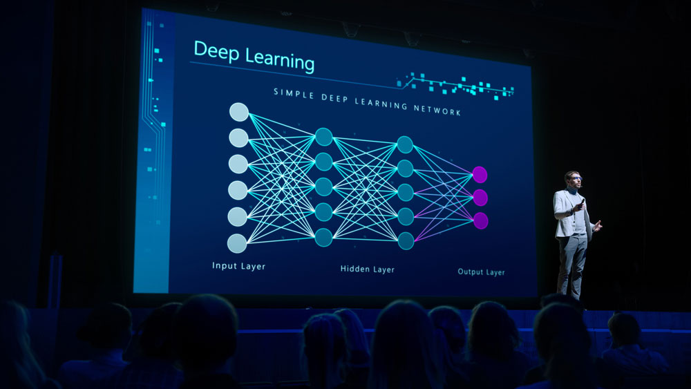 A computer scientist doing a presentation on deep learning using a neural network