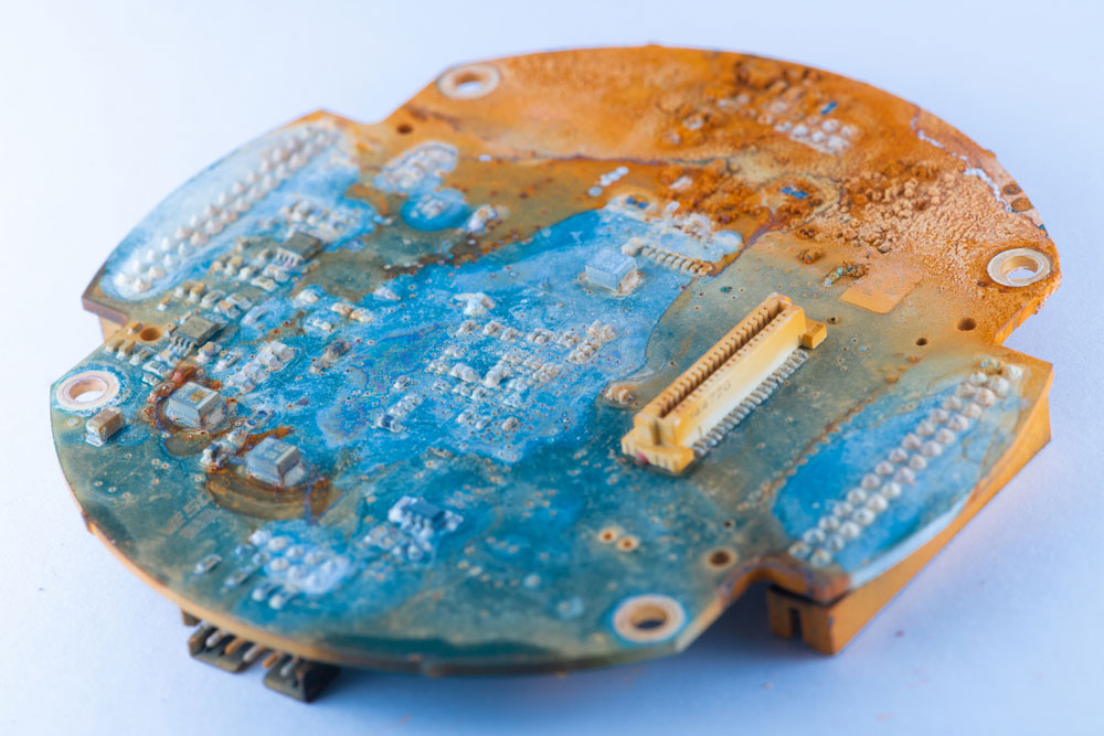 A water-damaged PCB