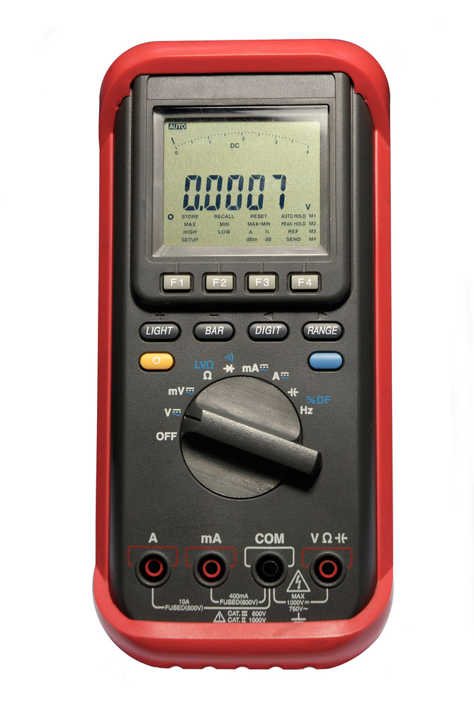 A digital multimeter with four ports (the VΩ and mA ports are separate)