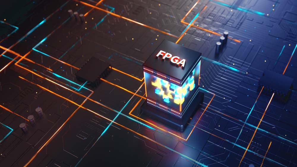 A graphical representation of an FPGA chip on a board