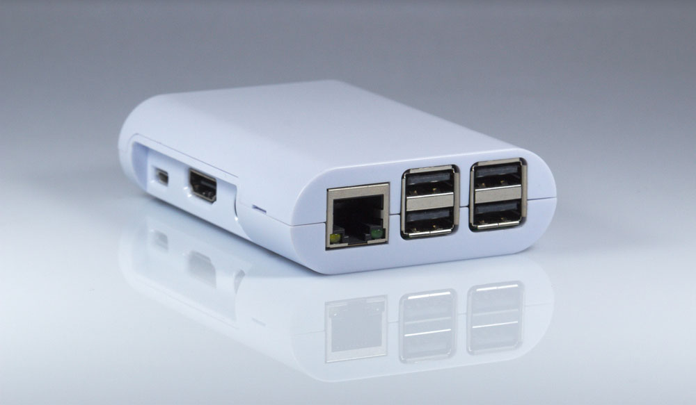 A Raspberry Pi 4 in a white case