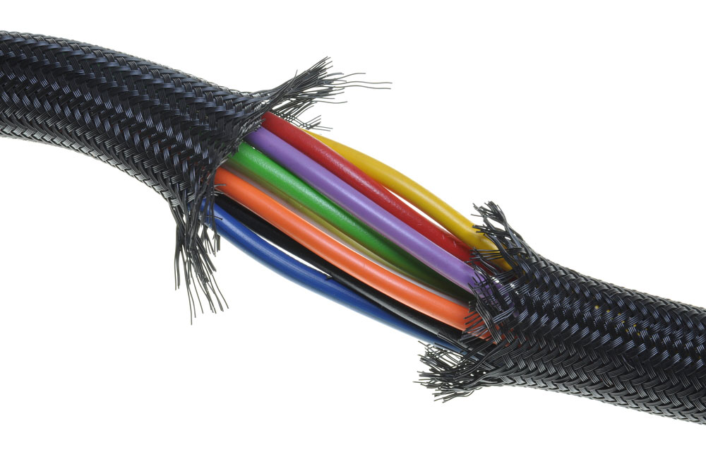 A cable with a damaged sheath, but the individual wire insulators are intact