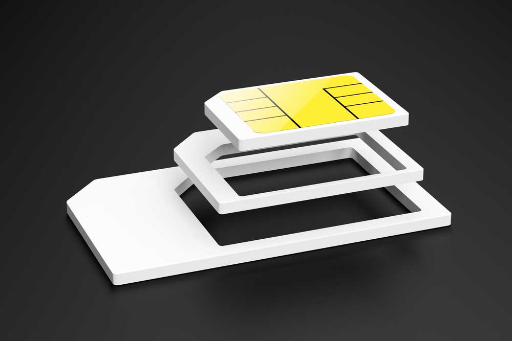 A nano SIM card with a micro SIM adapter that can fit into a standard SIM adapter