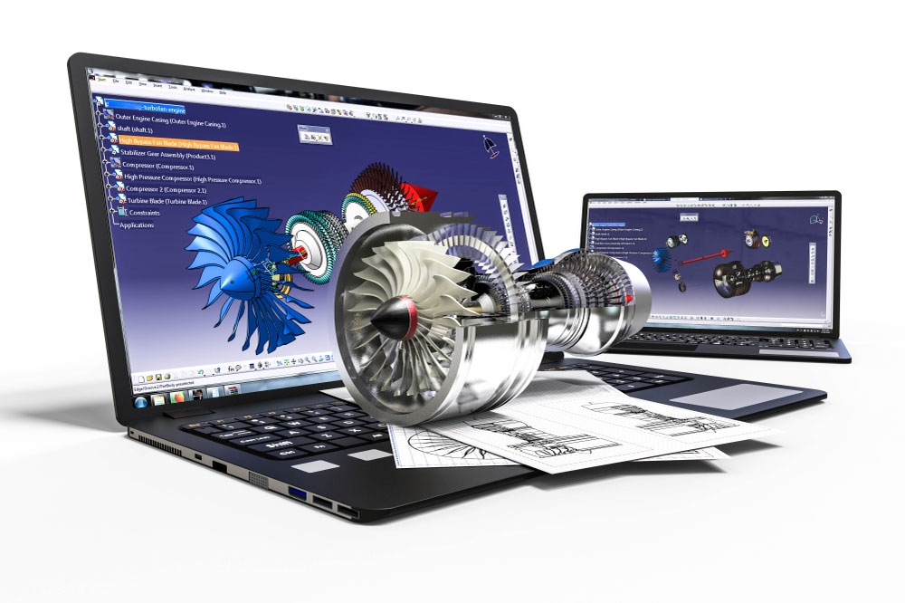 A concept showing how CAD software produces jet engine designs for CAM
