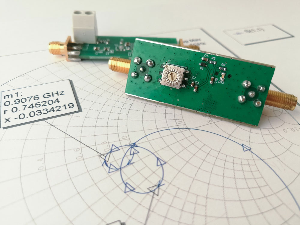 A radio frequency PCB on a Smith chart for impedance matching