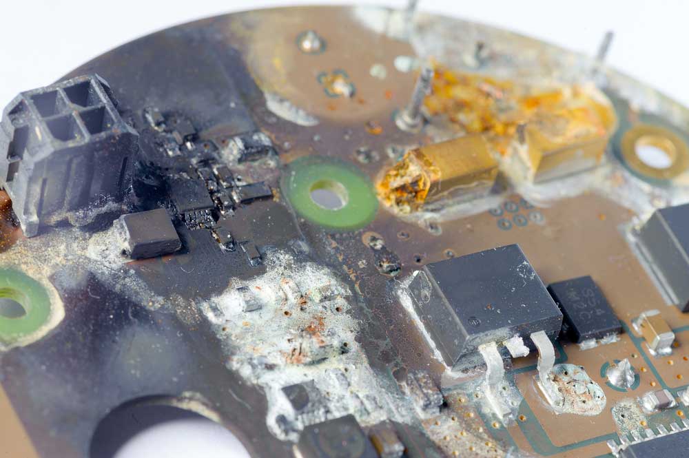 A circuit board after water damage