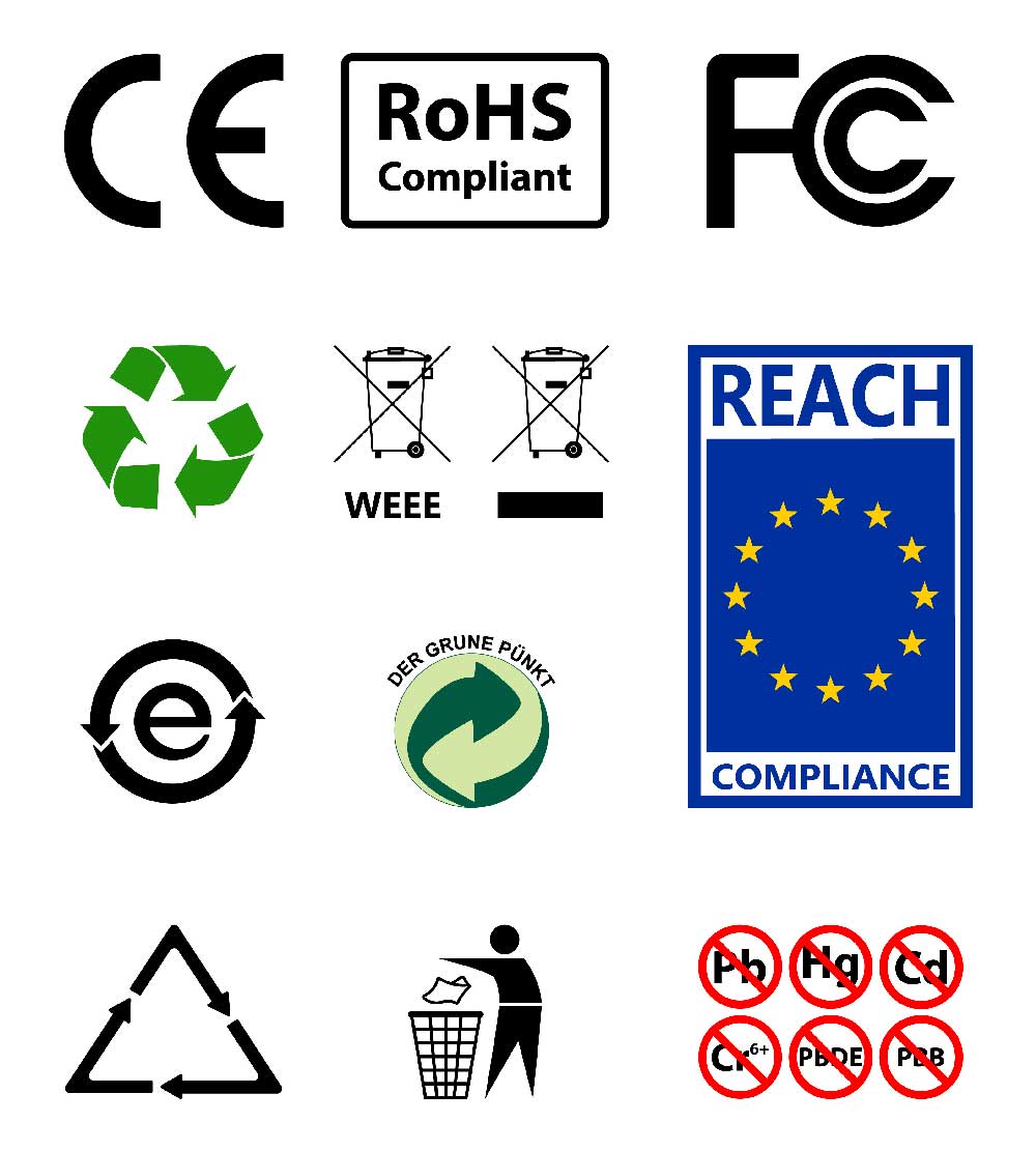 Multiple quality standard certification standard badges, including REACH and RoHS