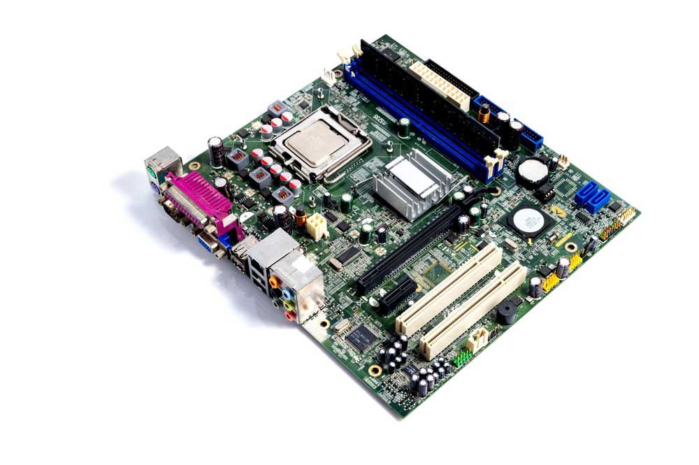 A dense modern computer PCB (motherboard)