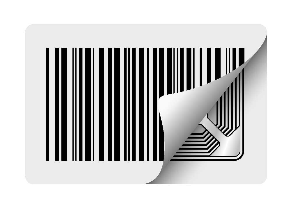 A barcode placed above an RFID chip