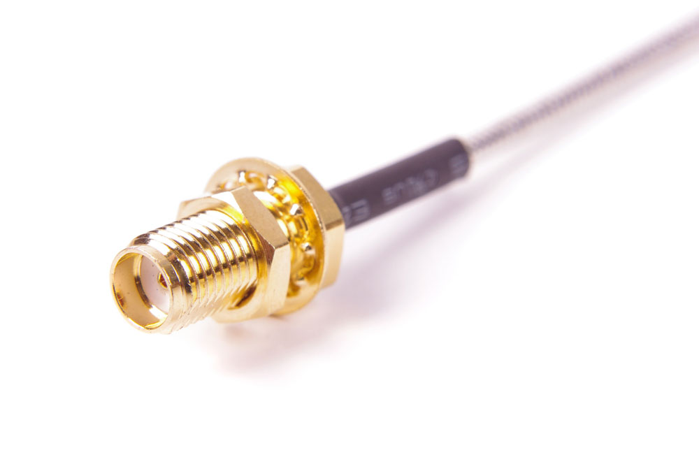 A 50-ohm radio frequency coaxial cable with an SMA connector