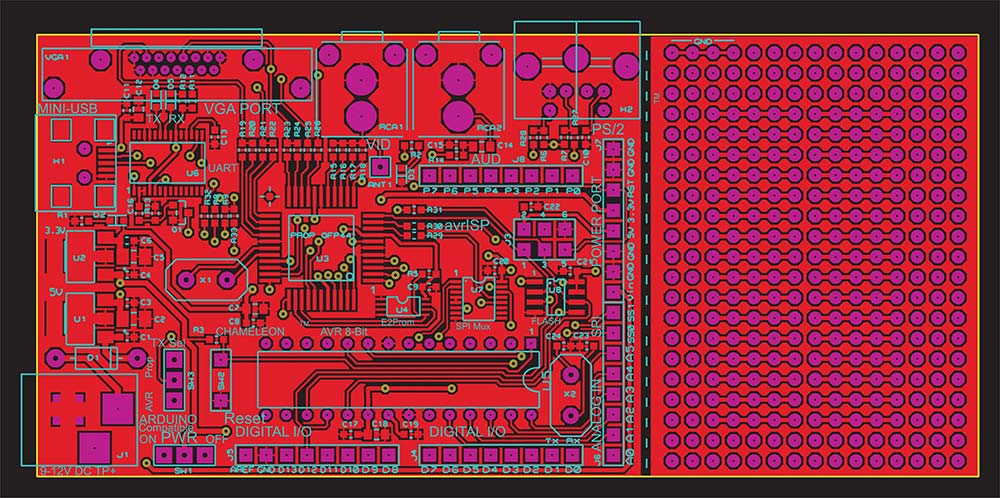 A vector image of a PCB layout with contact pads, transition holes, and copper traces